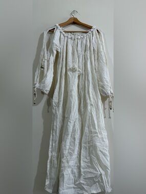 Blue White Off-Shoulder Maxi Dress with Tassel Ties